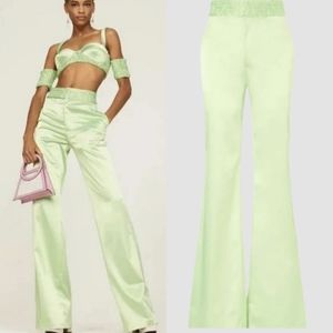 Aliette Silk Satin High Waist Wide Leg Pants XS in Pistachio Lime Green Neon